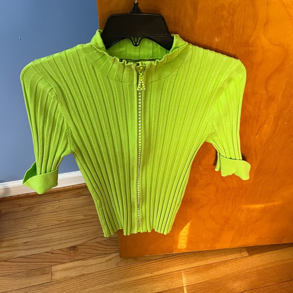 Lime Green Ribbed Zip-Up Sweater